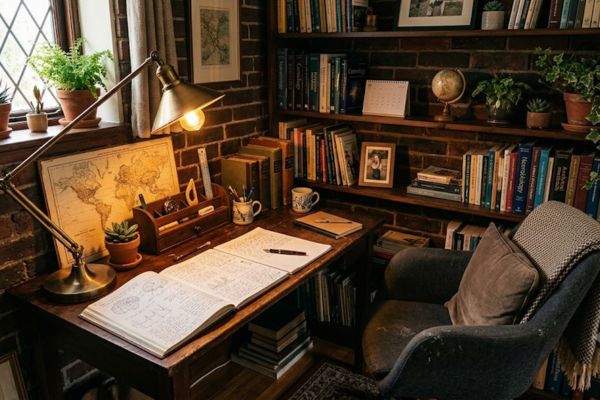 focused study nook with angled task light demonstrating the cathedral effect.