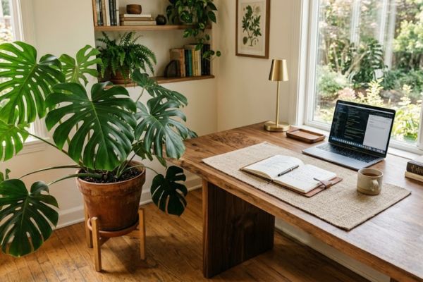 biophilic desk setup with broad leaf plant and natural solid wood grain.