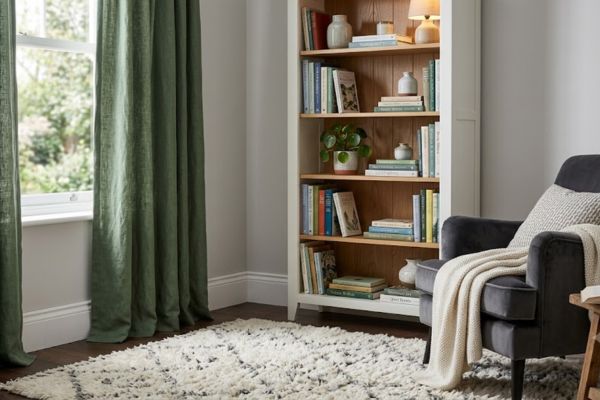 acoustic softening setup featuring heavy woven curtains and thick wool rug.