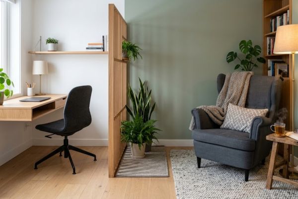 divided room layout showing distinct deep work desk and reading armchair zones.