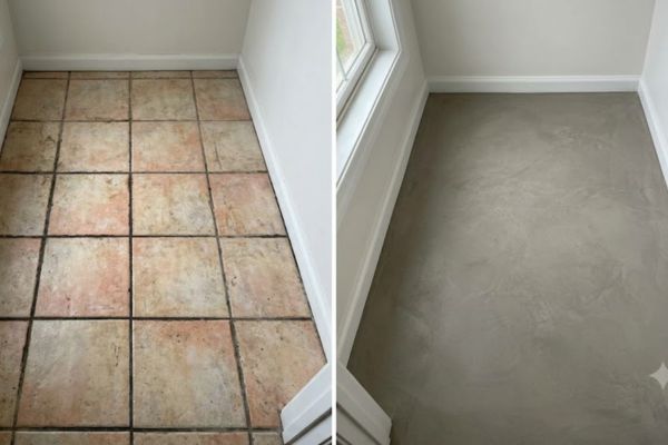 before and after diy microcement makeover on old bathroom tiles.